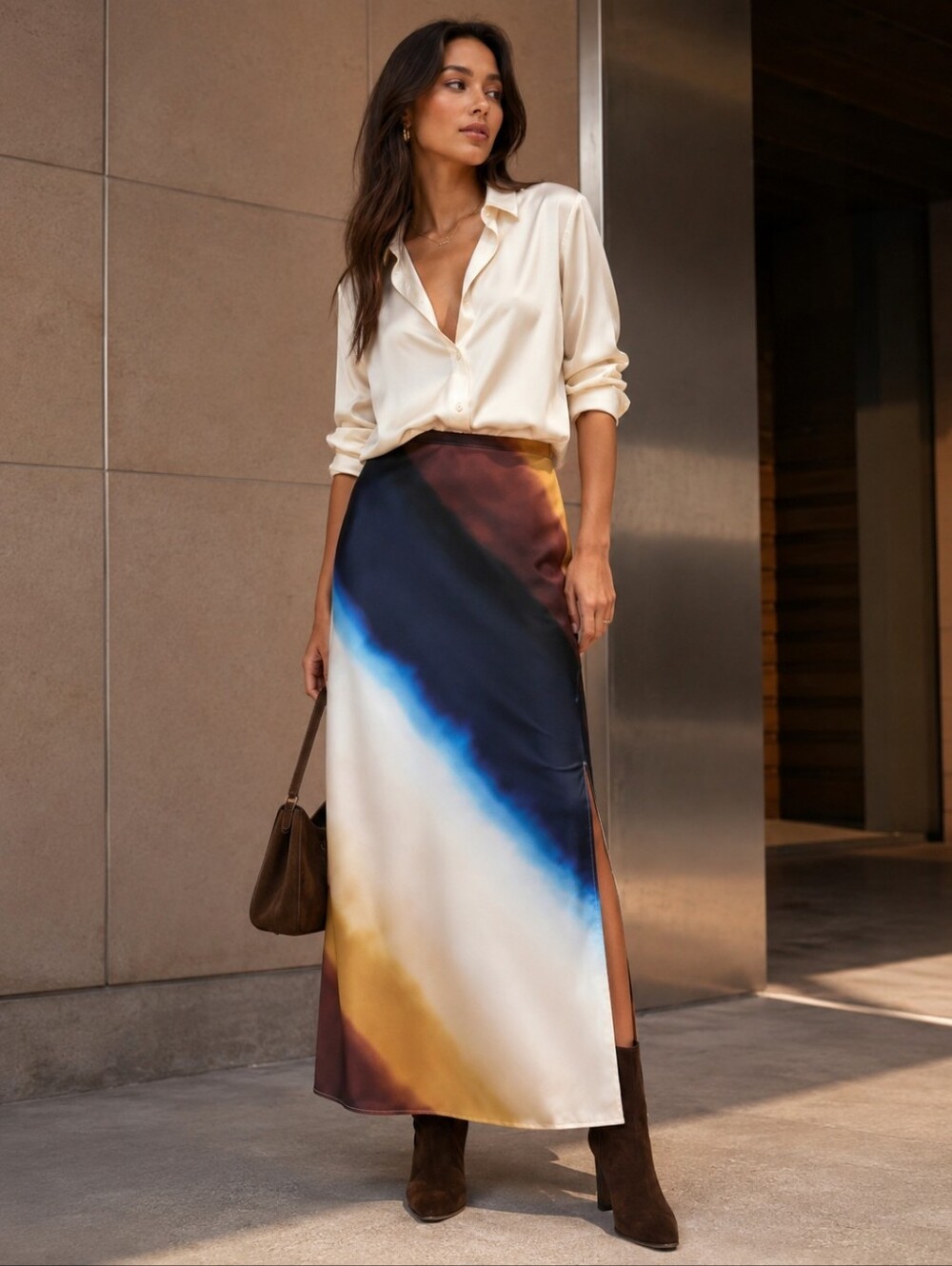 EXPRESS  New High‎ Waisted Printed Satin Maxi Slip Skirt LARGE 07650886